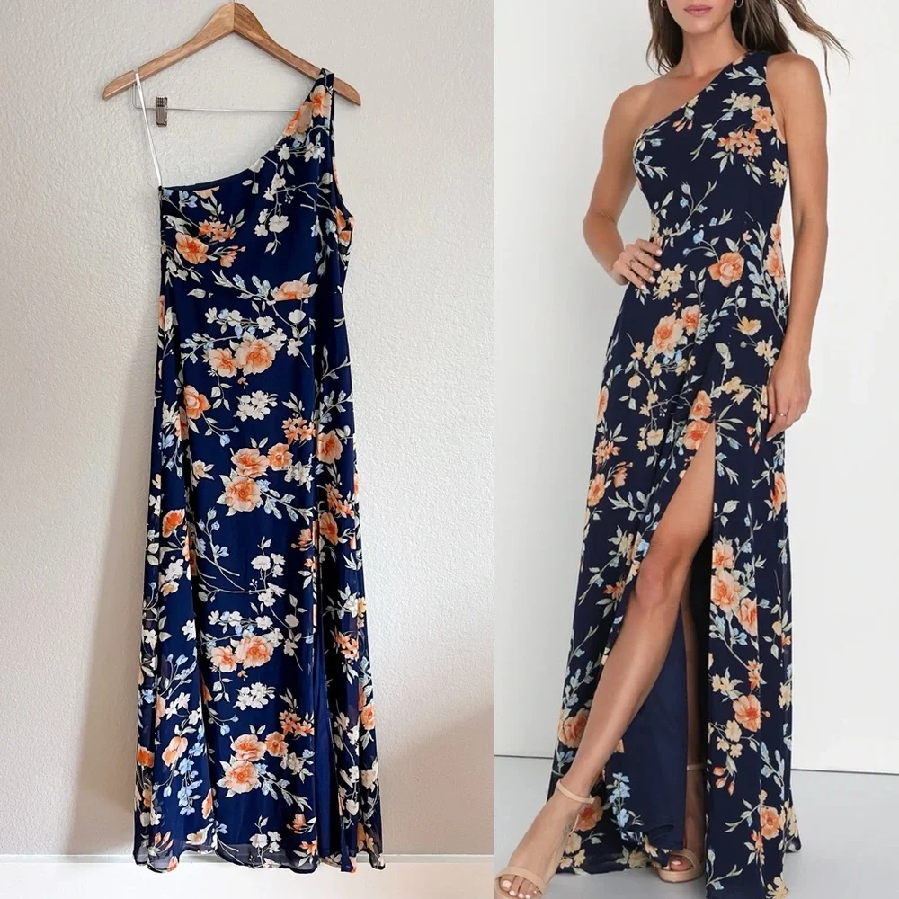 NWOT Elegant Admiration Navy Blue Floral One-Shoulder Maxi Dress